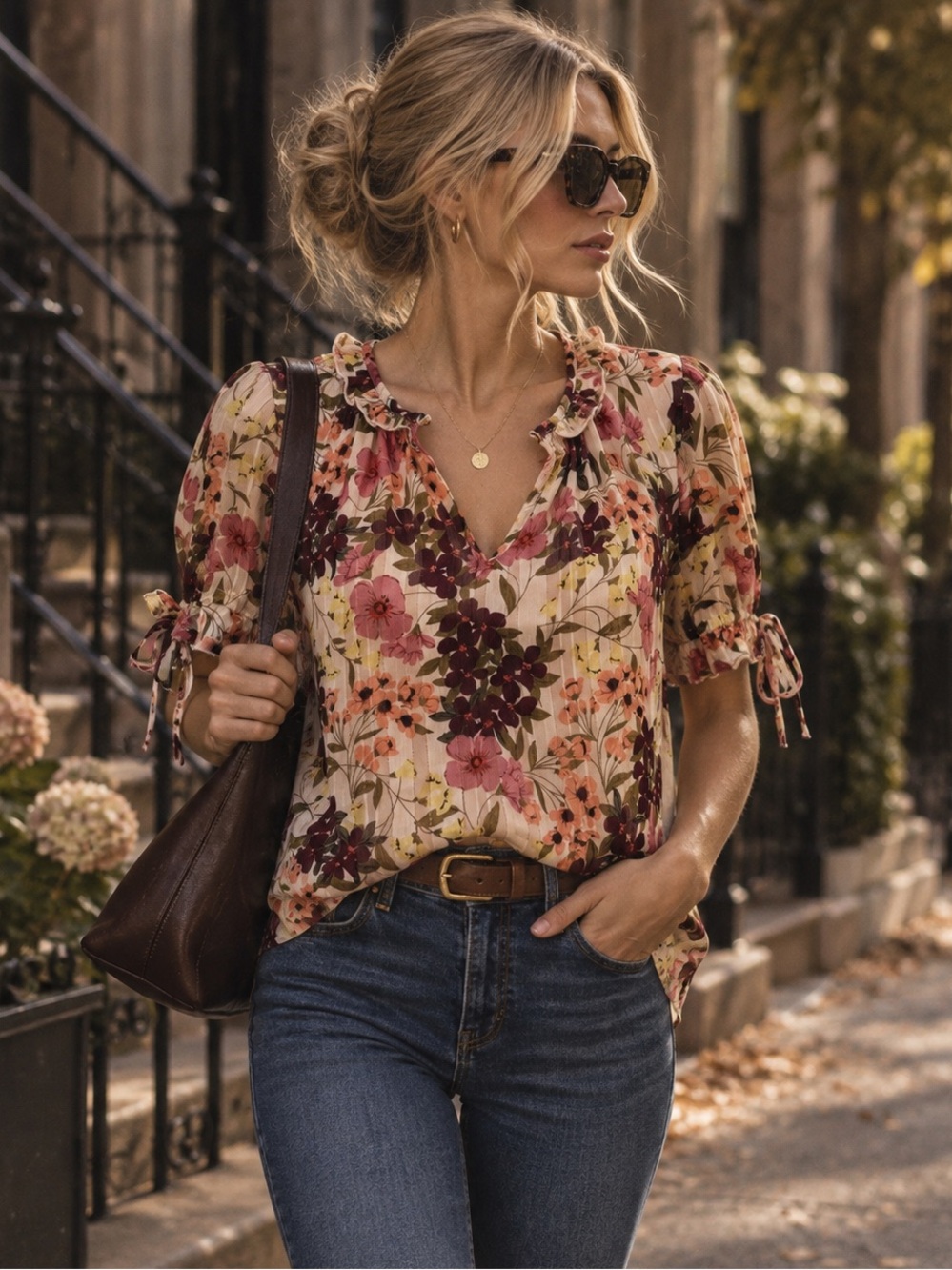 Floral Ruffle V-Neck Short Sleeve Blouse - Pink Multi